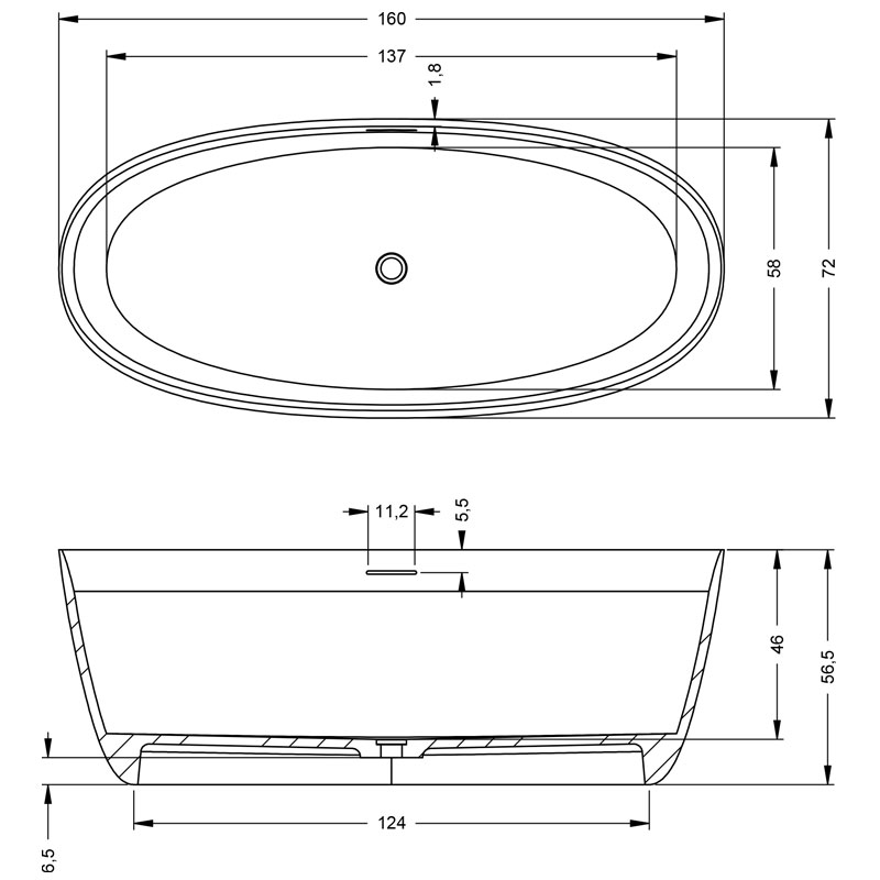 Riho Oval Solid Surface Badewanne 160 x 72 cm